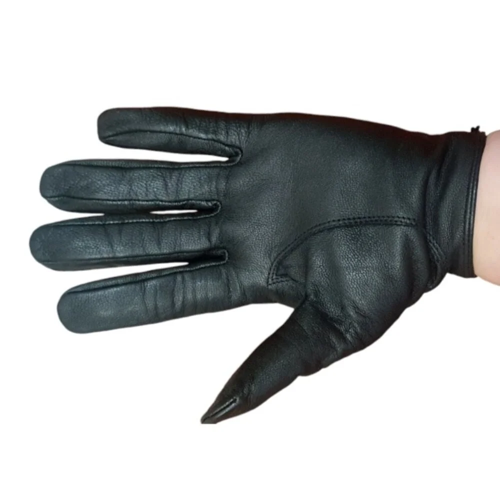 Vintage - Ladies Women's Black Genuine Leather Gloves Size Large Xs Front Strap